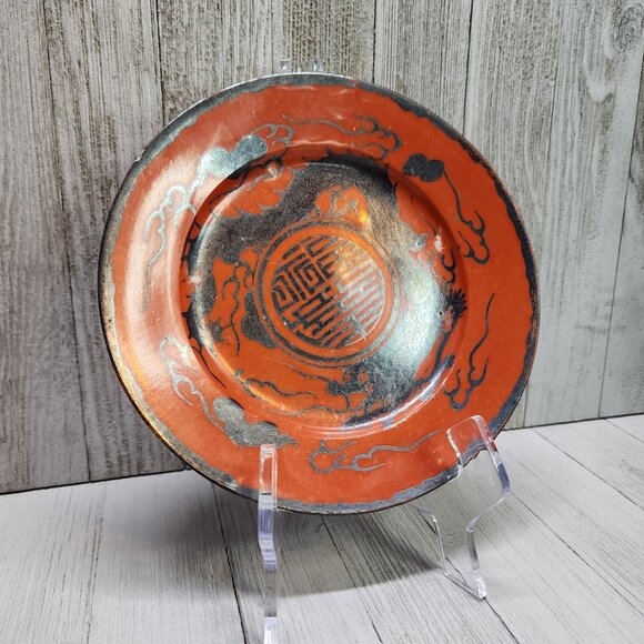 Vintage Antique Chinese Rare Red Coral Porcelain 7in Plate Silver Black Dragon - Picture 2 of 10